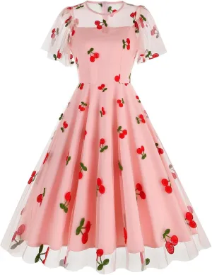 1950s Dresses for Women Vintage Cherry Printed Cocktail Rockabilly Dress A-line Swing Tulle Prom Dress
