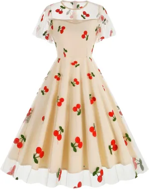 1950s Dresses for Women Vintage Cherry Printed Cocktail Rockabilly Dress A-line Swing Tulle Prom Dress