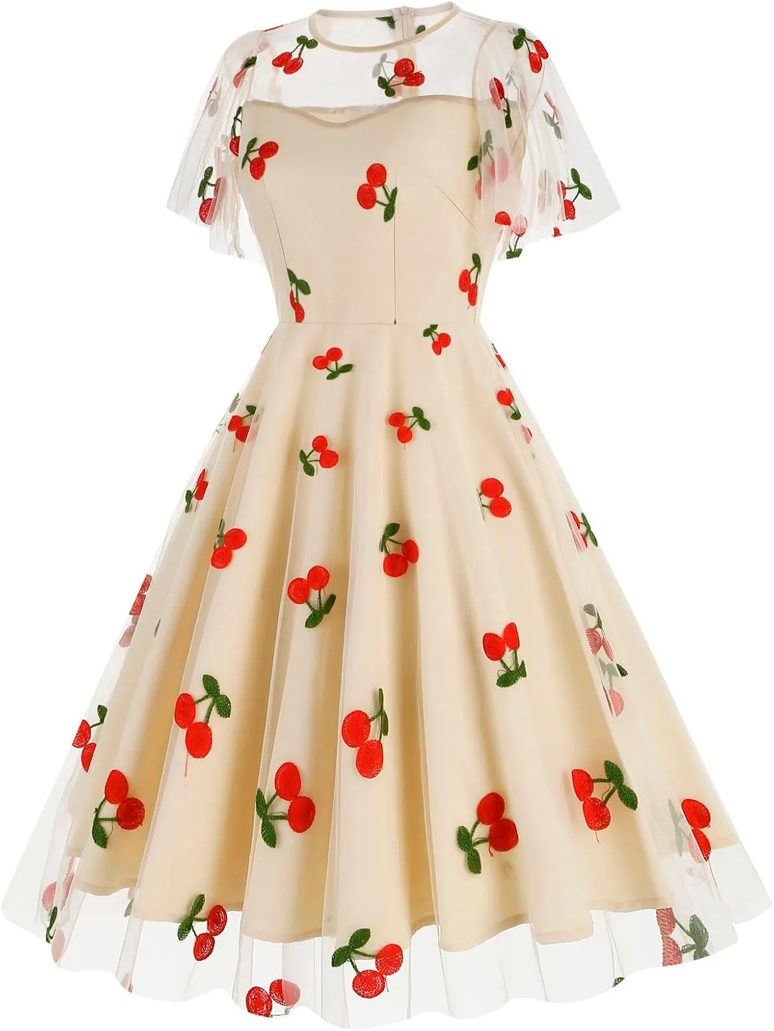 1950s Dresses for Women Vintage Cherry Printed Cocktail Rockabilly Dress A-line Swing Tulle Prom Dress