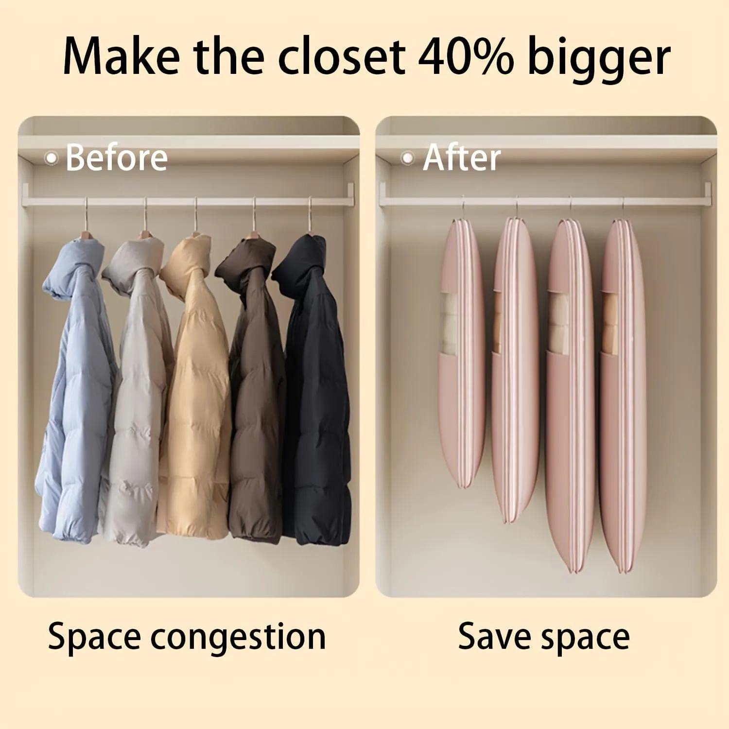 2 Pcs Space Saving Hanging Garment Bag with Self Compression Zipper Dust Cover Bags for Down Coat,Garment Bags for Hanging Clothes for Closet Storage (Pink,M)