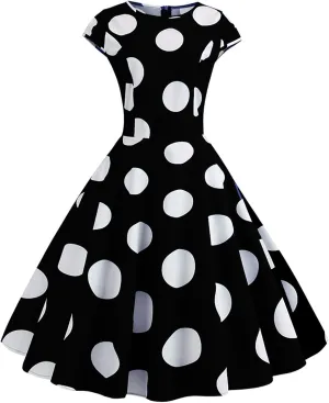 50s Outfits for Women Polka Dots Cap Sleeve Crew Neck Midi Sundress Rockabilly Swing A-Line Cocktail Party Dresses