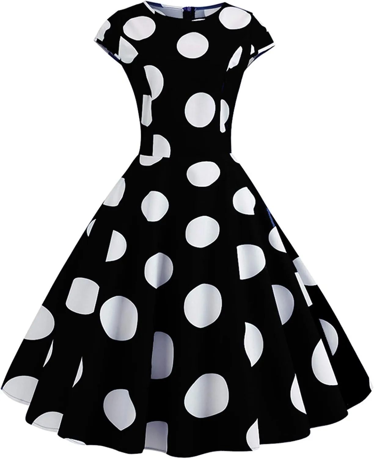 50s Outfits for Women Polka Dots Cap Sleeve Crew Neck Midi Sundress Rockabilly Swing A-Line Cocktail Party Dresses