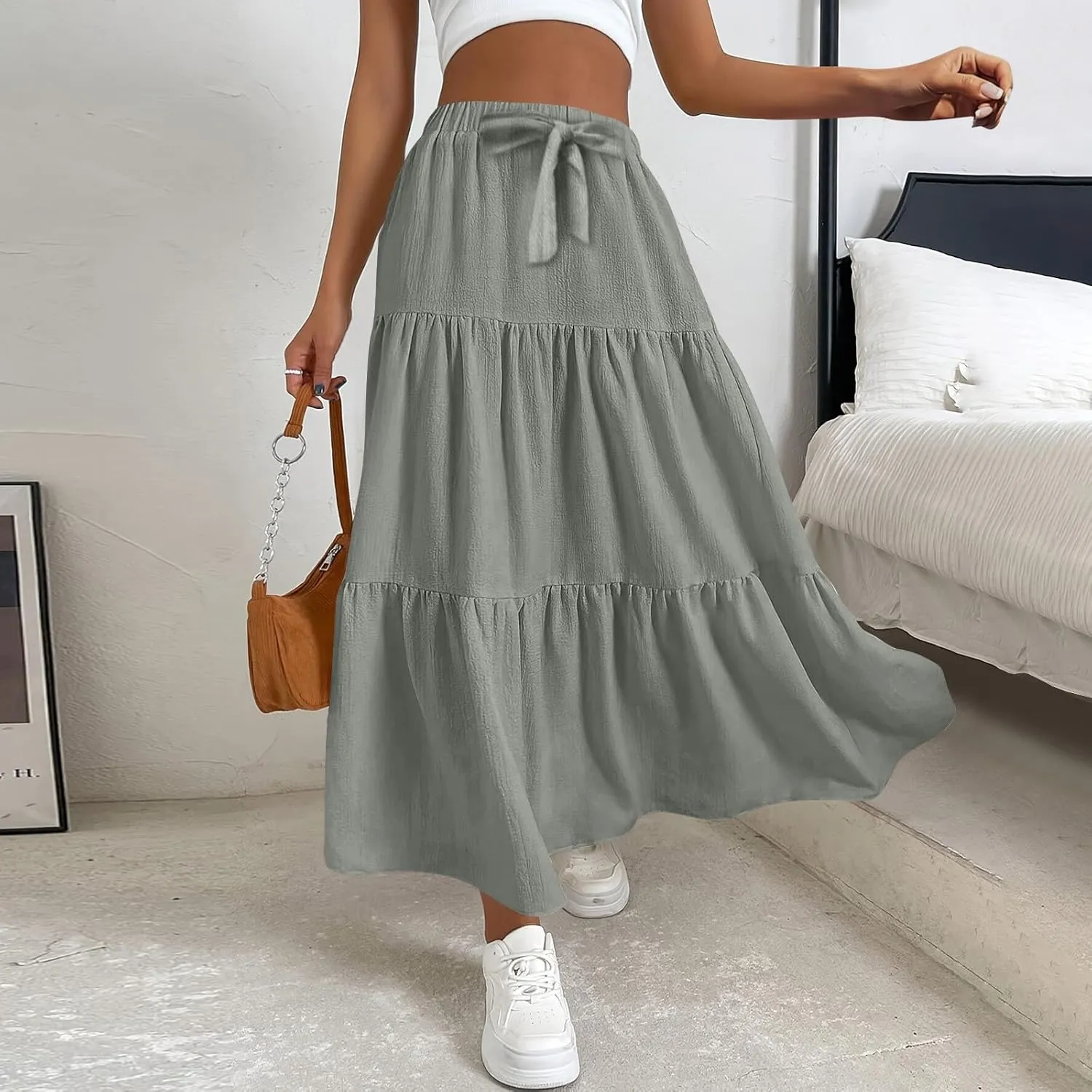 ADHOWBEW Skirts for Women Midi Length Sexy Trendy Flowy Casual Cotton Smocked Bohemian High Waist Skirts