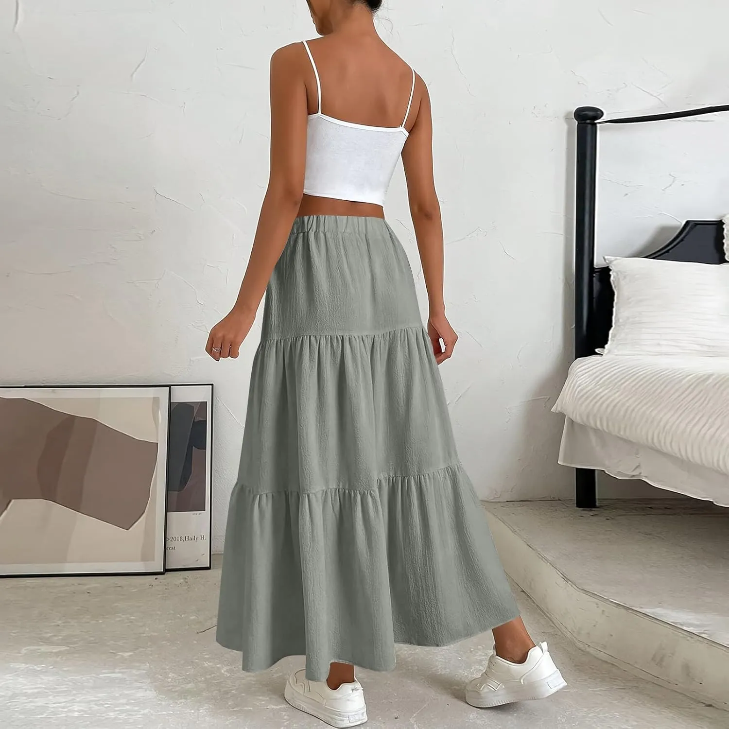 ADHOWBEW Skirts for Women Midi Length Sexy Trendy Flowy Casual Cotton Smocked Bohemian High Waist Skirts