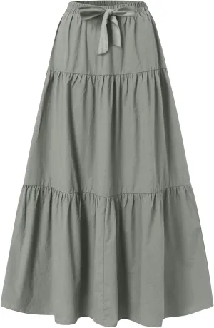 ADHOWBEW Skirts for Women Midi Length Sexy Trendy Flowy Casual Cotton Smocked Bohemian High Waist Skirts