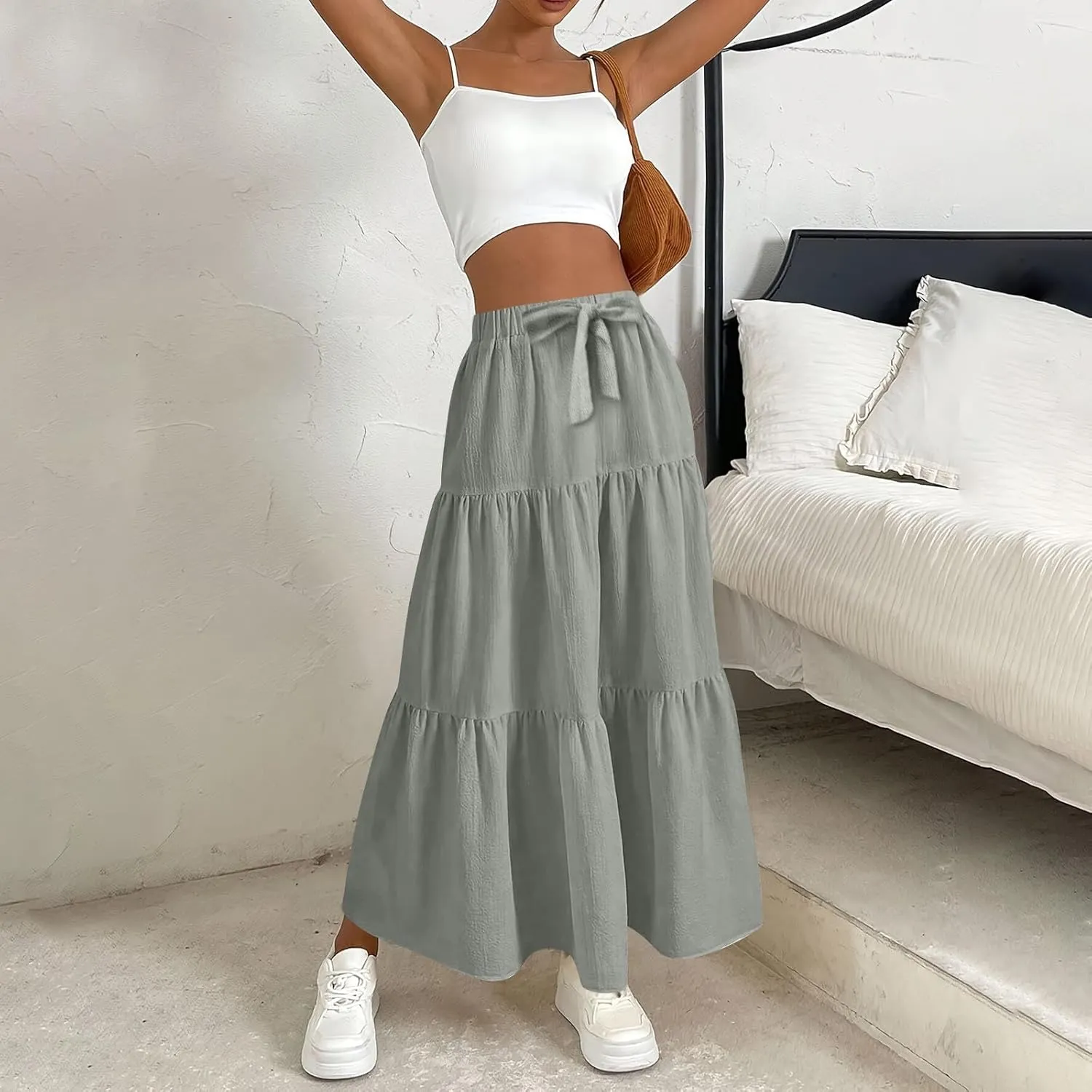 ADHOWBEW Skirts for Women Midi Length Sexy Trendy Flowy Casual Cotton Smocked Bohemian High Waist Skirts