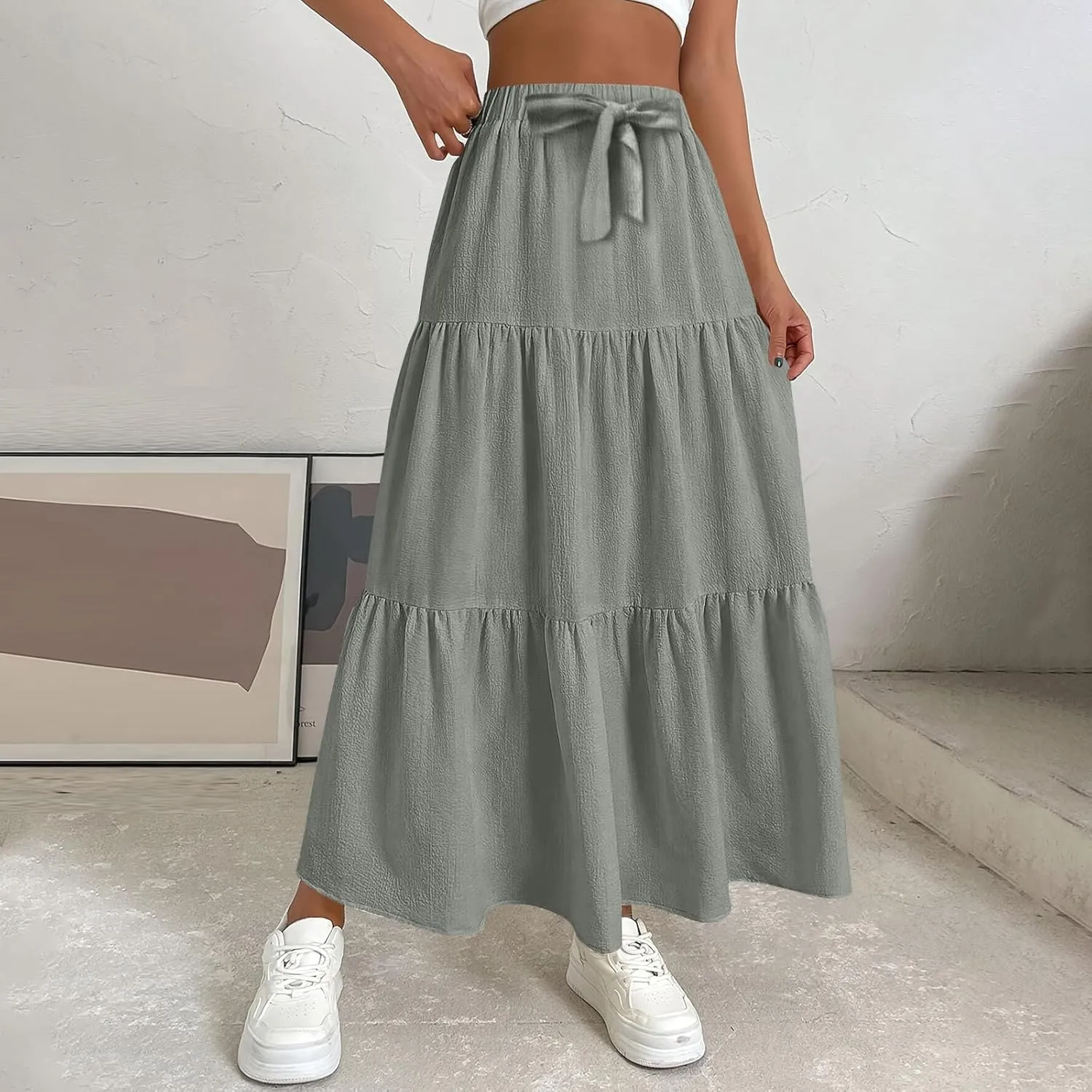 ADHOWBEW Skirts for Women Midi Length Sexy Trendy Flowy Casual Cotton Smocked Bohemian High Waist Skirts