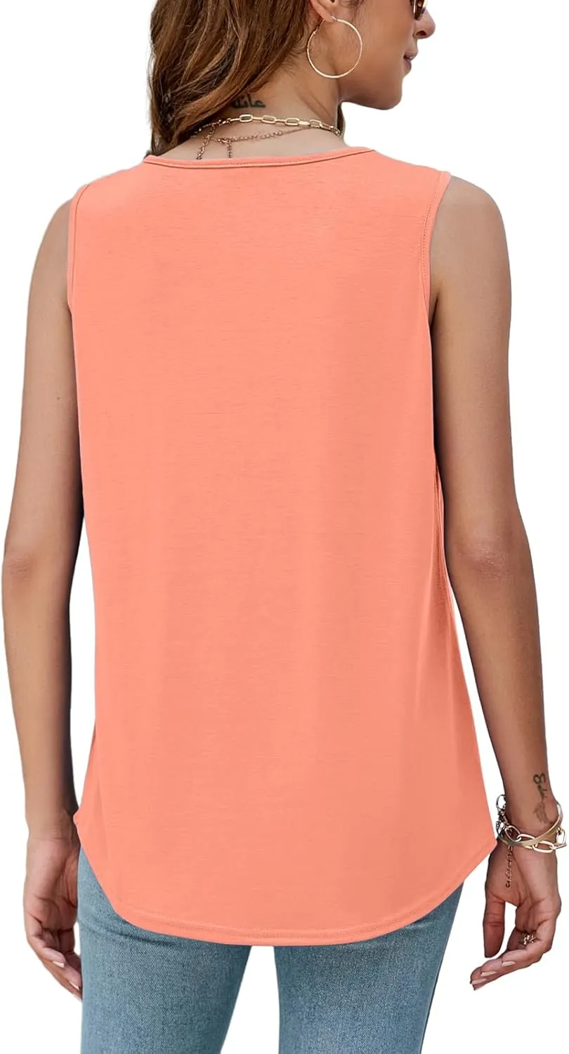 AGSEEM Summer Tank Tops for Women Loose Fit Pleated Square Neck Sleeveless Tops Curved Hem Flowy
