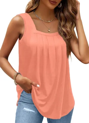 AGSEEM Summer Tank Tops for Women Loose Fit Pleated Square Neck Sleeveless Tops Curved Hem Flowy