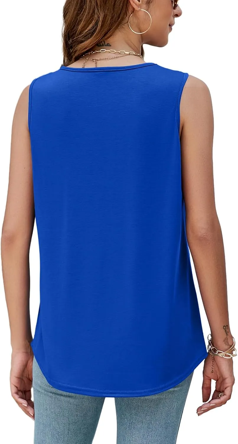 AGSEEM Summer Tank Tops for Women Loose Fit Pleated Square Neck Sleeveless Tops Curved Hem Flowy
