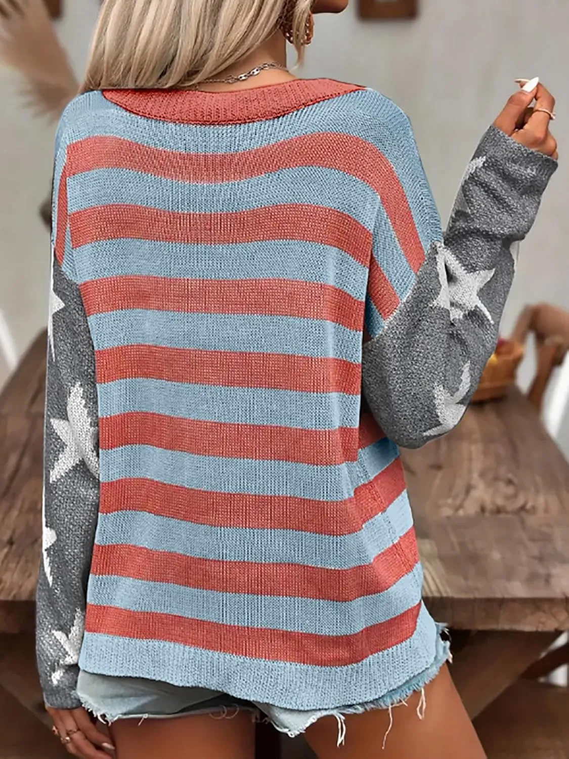 AirPlace American Flag Sweater for Women Off Shoulder Knit Sweatshirt Long Sleeve Pullovers Loose Winter Fall Fashion 2024