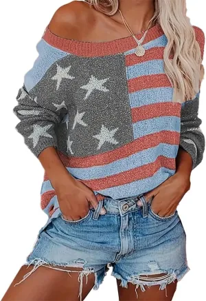 AirPlace American Flag Sweater for Women Off Shoulder Knit Sweatshirt Long Sleeve Pullovers Loose Winter Fall Fashion 2024