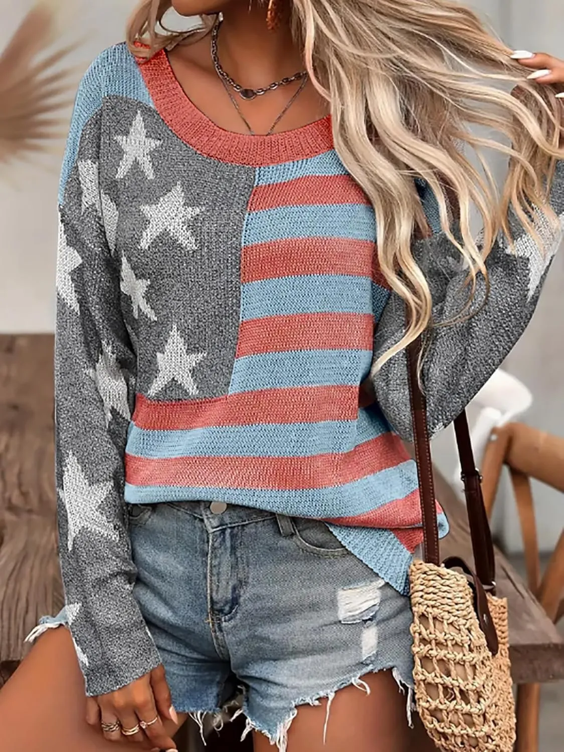 AirPlace American Flag Sweater for Women Off Shoulder Knit Sweatshirt Long Sleeve Pullovers Loose Winter Fall Fashion 2024