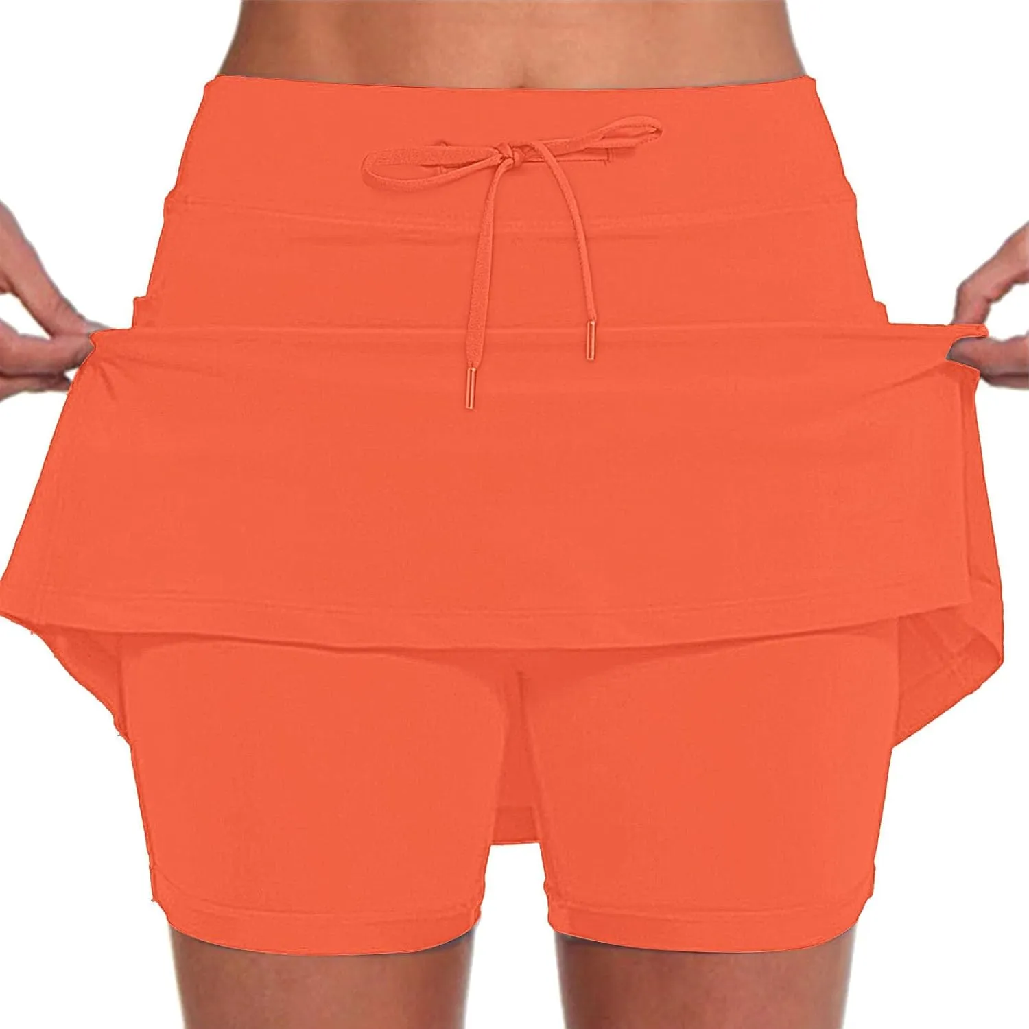 Athletic Skorts for Woman Elastic Hight Waist Drawstring Tennis Golf Skirt with Pockets Solid Color Yoga Shorts
