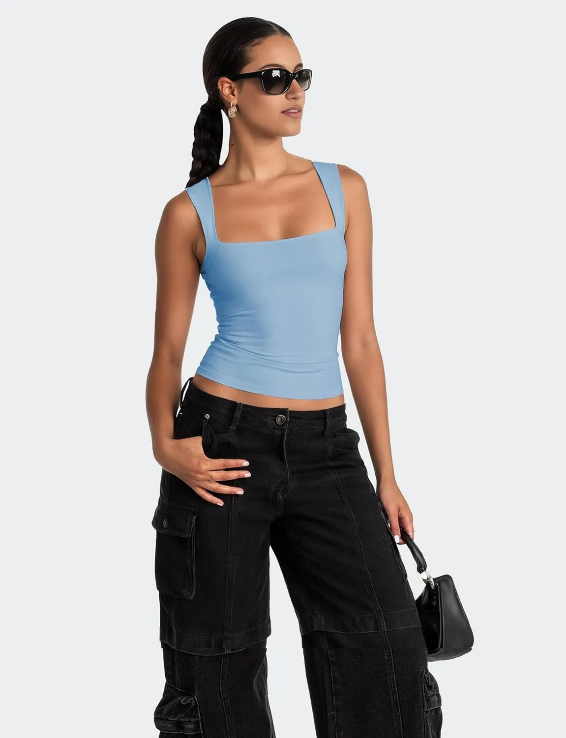 AURUZA Square Neck Tank Tops for Women, Sleeveless Double Lined Tops for Women Sexy Going Out Top Trendy Basic Fitted Shirts