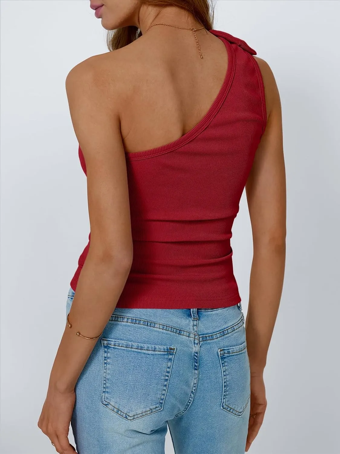 AUTOMET Womens Going Out Tops One Off Shoulder Sexy Summer Trendy Clothes Ribbed Tank 2025 Sleeveless Shirts with Cute Bow