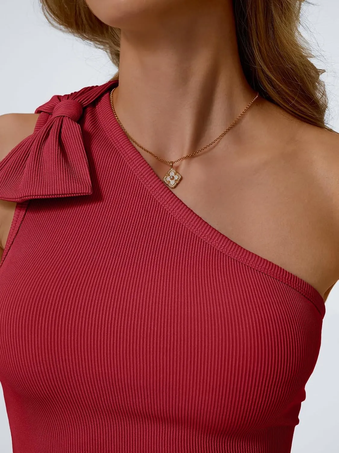 AUTOMET Womens Going Out Tops One Off Shoulder Sexy Summer Trendy Clothes Ribbed Tank 2025 Sleeveless Shirts with Cute Bow
