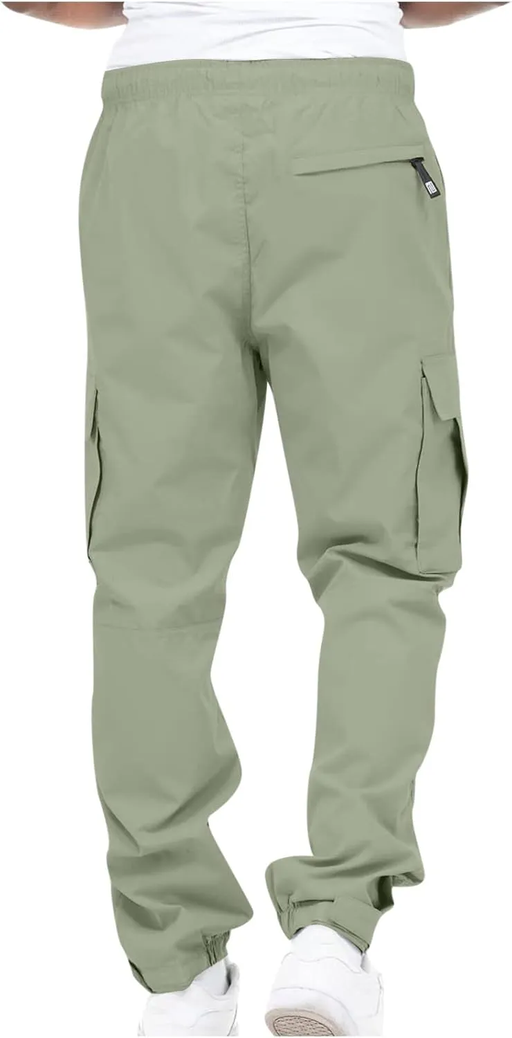 Aymnlox Cargo Pants for Men Baggy Big and Tall Linen Drawstring Sweatpants Casual Hiking Jogger Athletic Straight Pant Pocket