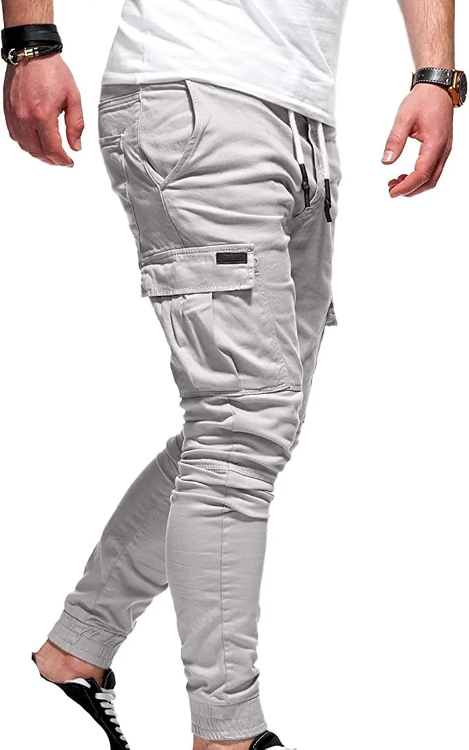 Aymnlox Mens Slim Fit Pants Elastic Waist Drawstring Solid Casual Joggers Sweatpants Fall Classic Workout Tapered Trousers