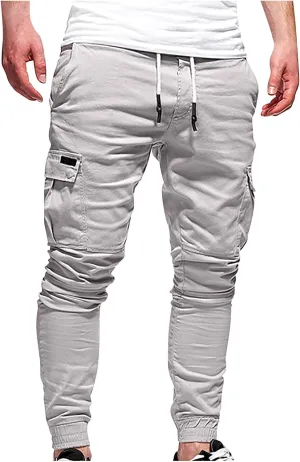 Aymnlox Mens Slim Fit Pants Elastic Waist Drawstring Solid Casual Joggers Sweatpants Fall Classic Workout Tapered Trousers
