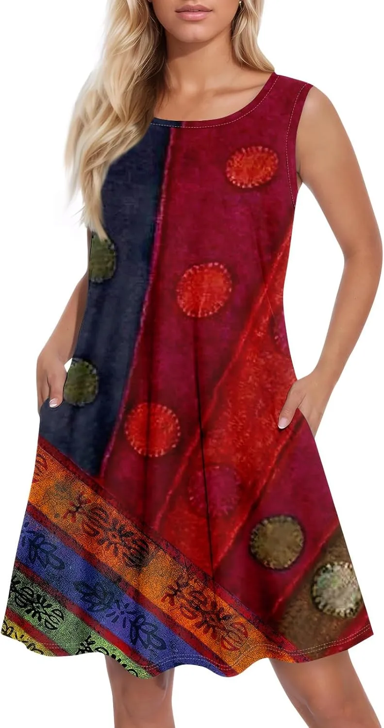 BAXLIMEK Sundresses for Women,2025 Spring Summer Trendy Floral Print Beach Dress Casual Loose Tank Mini Dress with Pockets