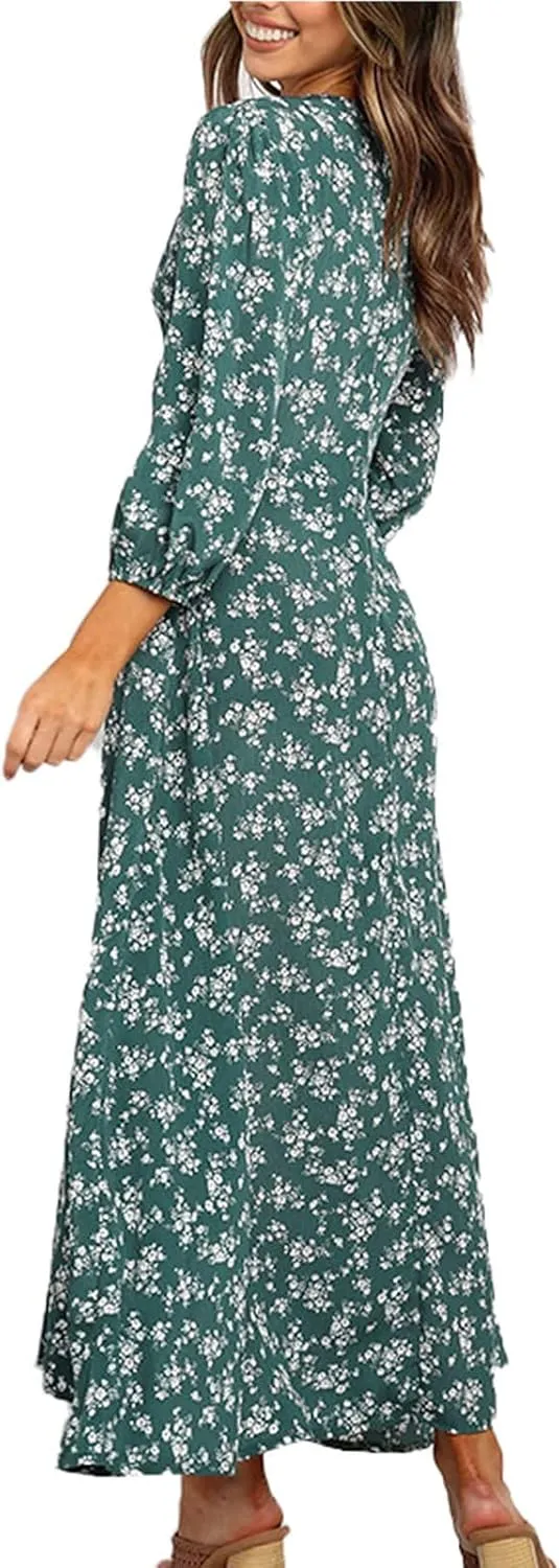 Beach Dresses for Women,2024 Summer Trendy Elegant Wrap V Neck Floral Boho Dress,Flowy Ruched Hawaiian Maxi Dress