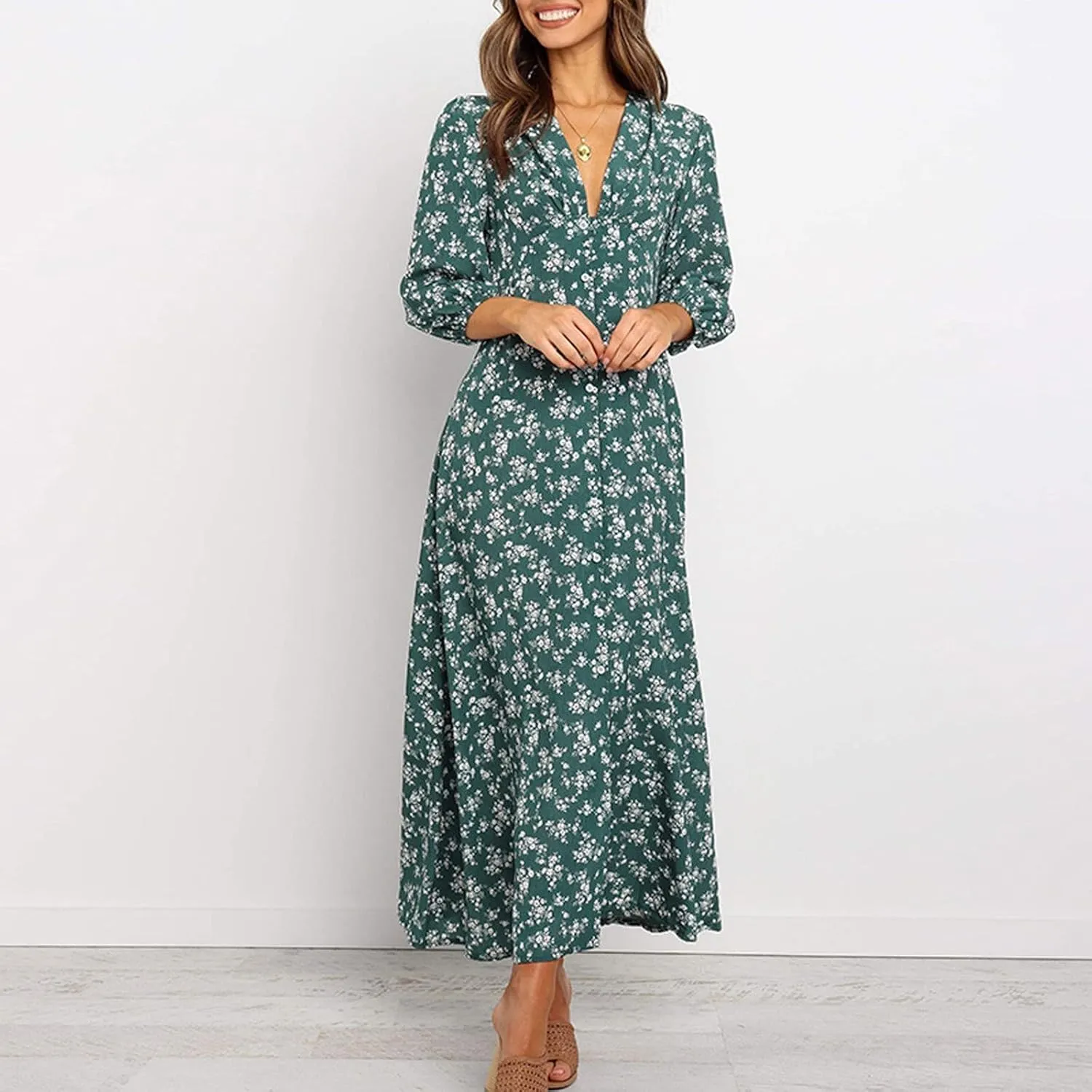 Beach Dresses for Women,2024 Summer Trendy Elegant Wrap V Neck Floral Boho Dress,Flowy Ruched Hawaiian Maxi Dress