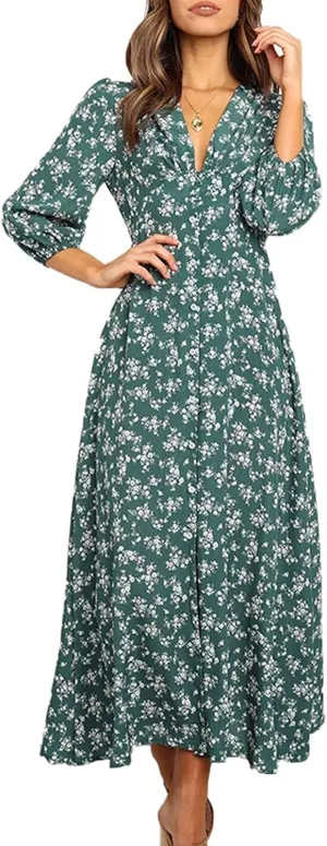 Beach Dresses for Women,2024 Summer Trendy Elegant Wrap V Neck Floral Boho Dress,Flowy Ruched Hawaiian Maxi Dress