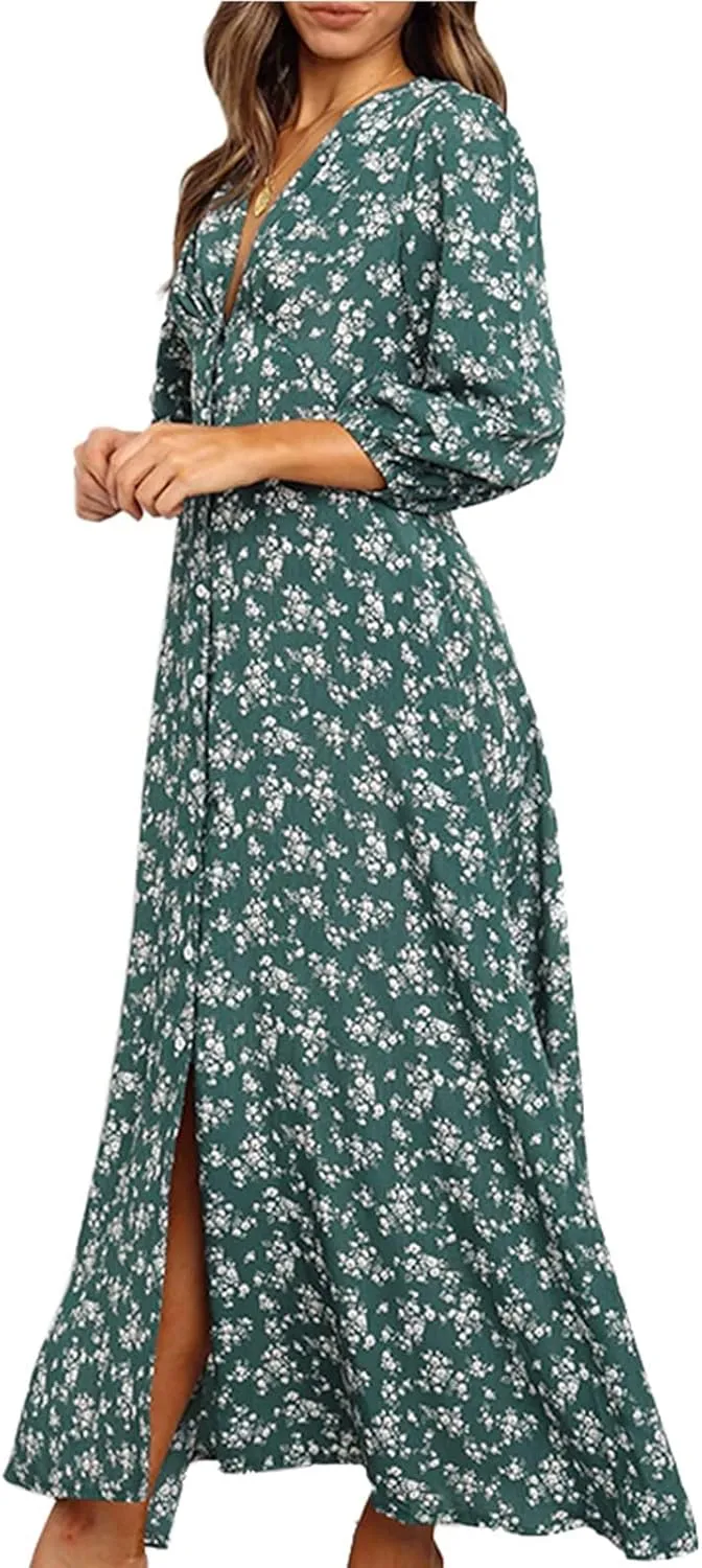 Beach Dresses for Women,2024 Summer Trendy Elegant Wrap V Neck Floral Boho Dress,Flowy Ruched Hawaiian Maxi Dress