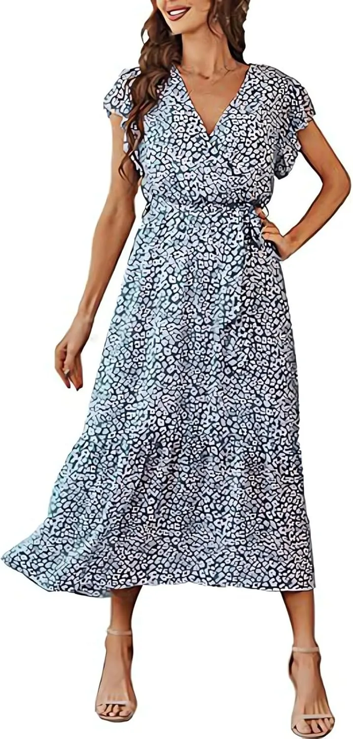 Beach Dresses for Women,2025 Spring Summer Trendy Floral Boho Dress,Elegant V Neck Flowy Ruched Vacation Maxidress