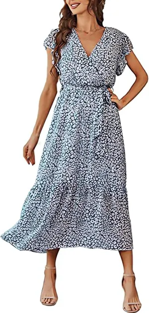 Beach Dresses for Women,2025 Spring Summer Trendy Floral Boho Dress,Elegant V Neck Flowy Ruched Vacation Maxidress