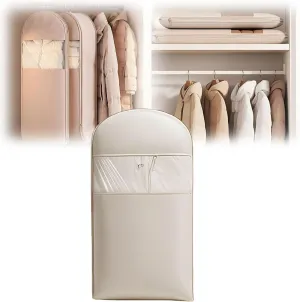 Beige L Space Saving Hanging Garment Bag with Self Compression Zipper, 2025 New Space Saving Hanging Protector,Dust Cover Clothes Bags down Coat for Closet Storage