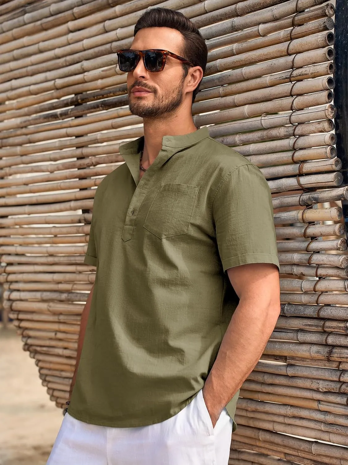 Beotyshow Men 100% Cotton Linen Henley Shirt Casual Short Sleeve Summer T Shirt Pocket Button Tee Top Beach Hippie Shirt