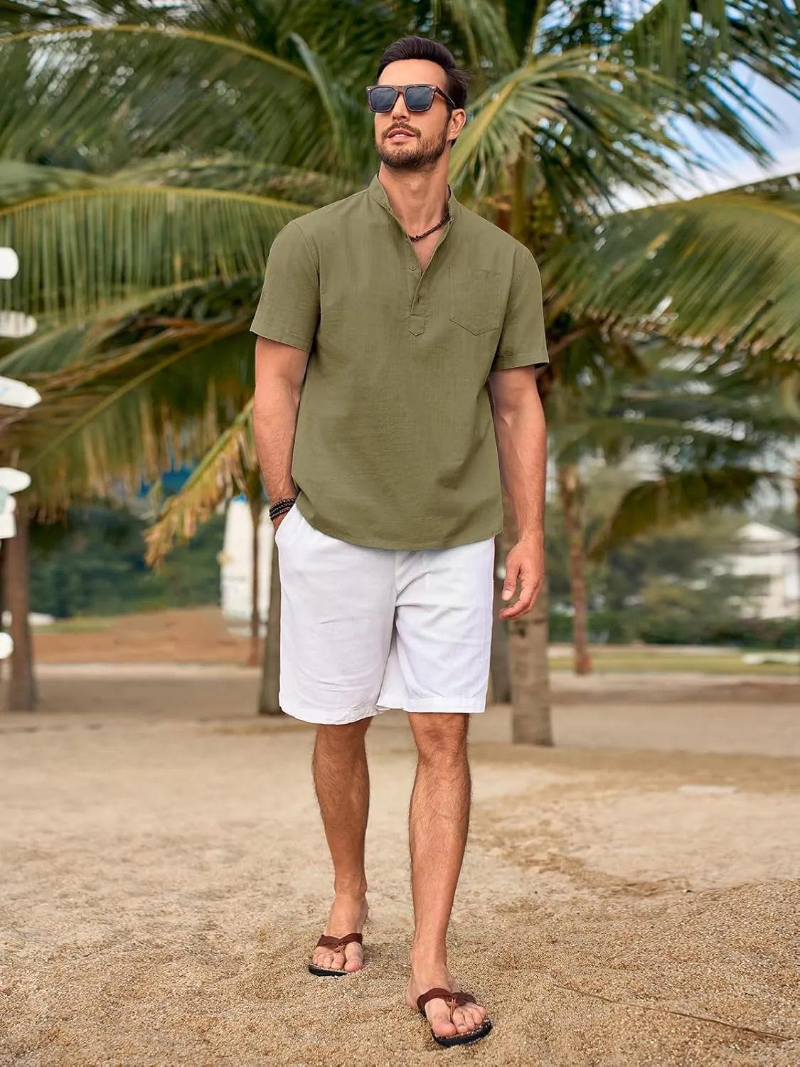 Beotyshow Men 100% Cotton Linen Henley Shirt Casual Short Sleeve Summer T Shirt Pocket Button Tee Top Beach Hippie Shirt