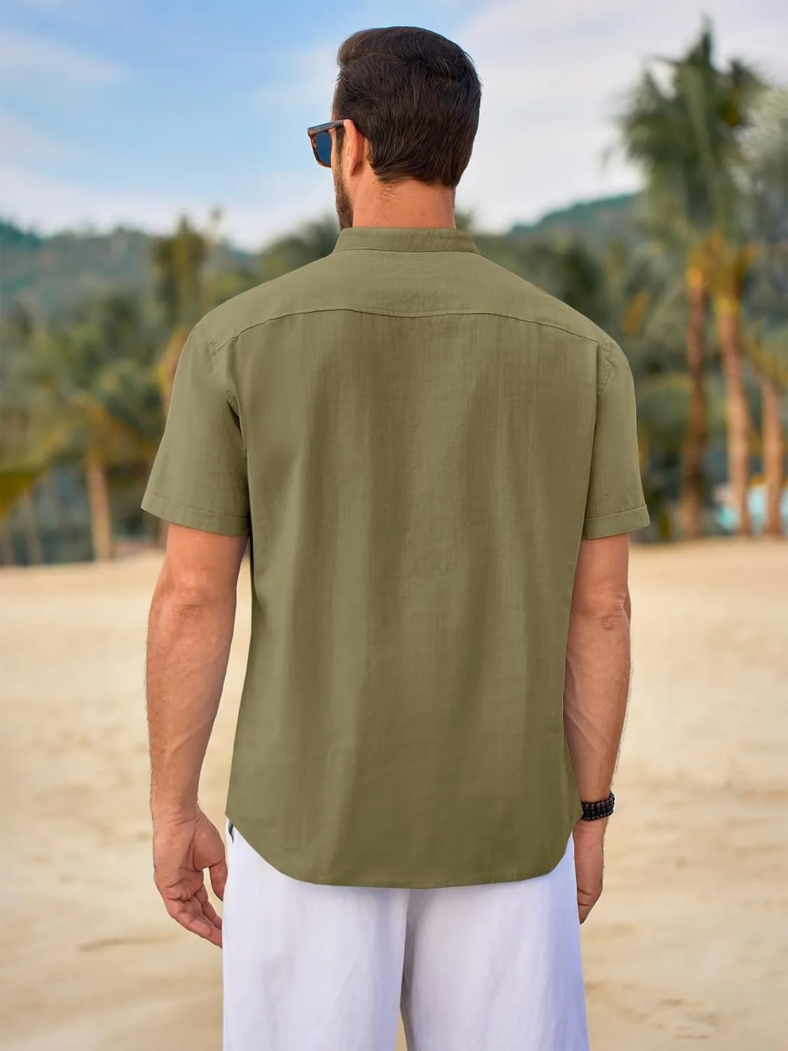 Beotyshow Men 100% Cotton Linen Henley Shirt Casual Short Sleeve Summer T Shirt Pocket Button Tee Top Beach Hippie Shirt
