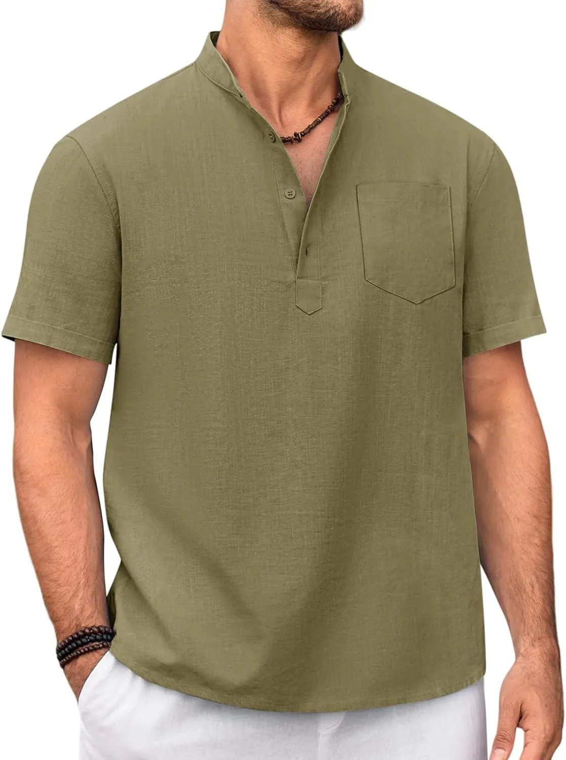 Beotyshow Men 100% Cotton Linen Henley Shirt Casual Short Sleeve Summer T Shirt Pocket Button Tee Top Beach Hippie Shirt