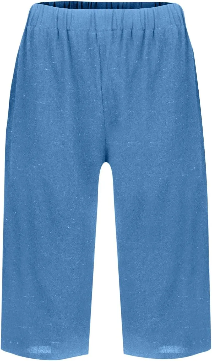 Bermuda Shorts for Women Knee Length Cotton Linen Capris Lightweight Summer Straight Leg Cropped Pants with Pockets