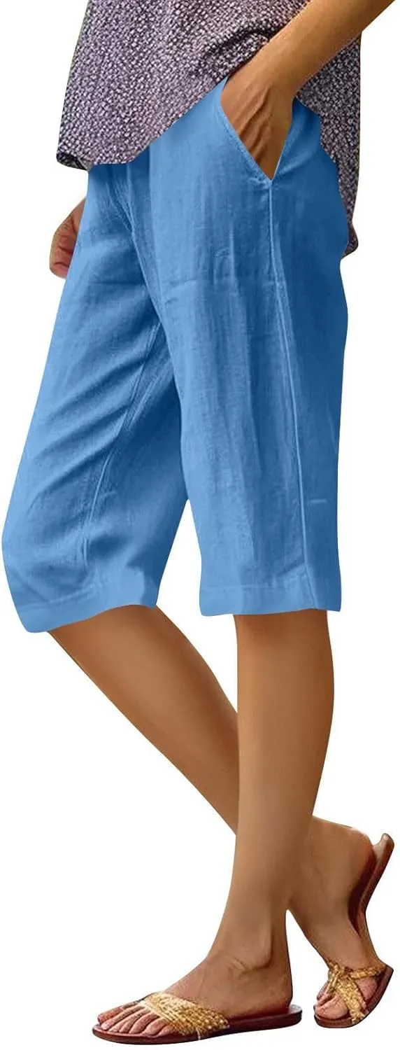Bermuda Shorts for Women Knee Length Cotton Linen Capris Lightweight Summer Straight Leg Cropped Pants with Pockets