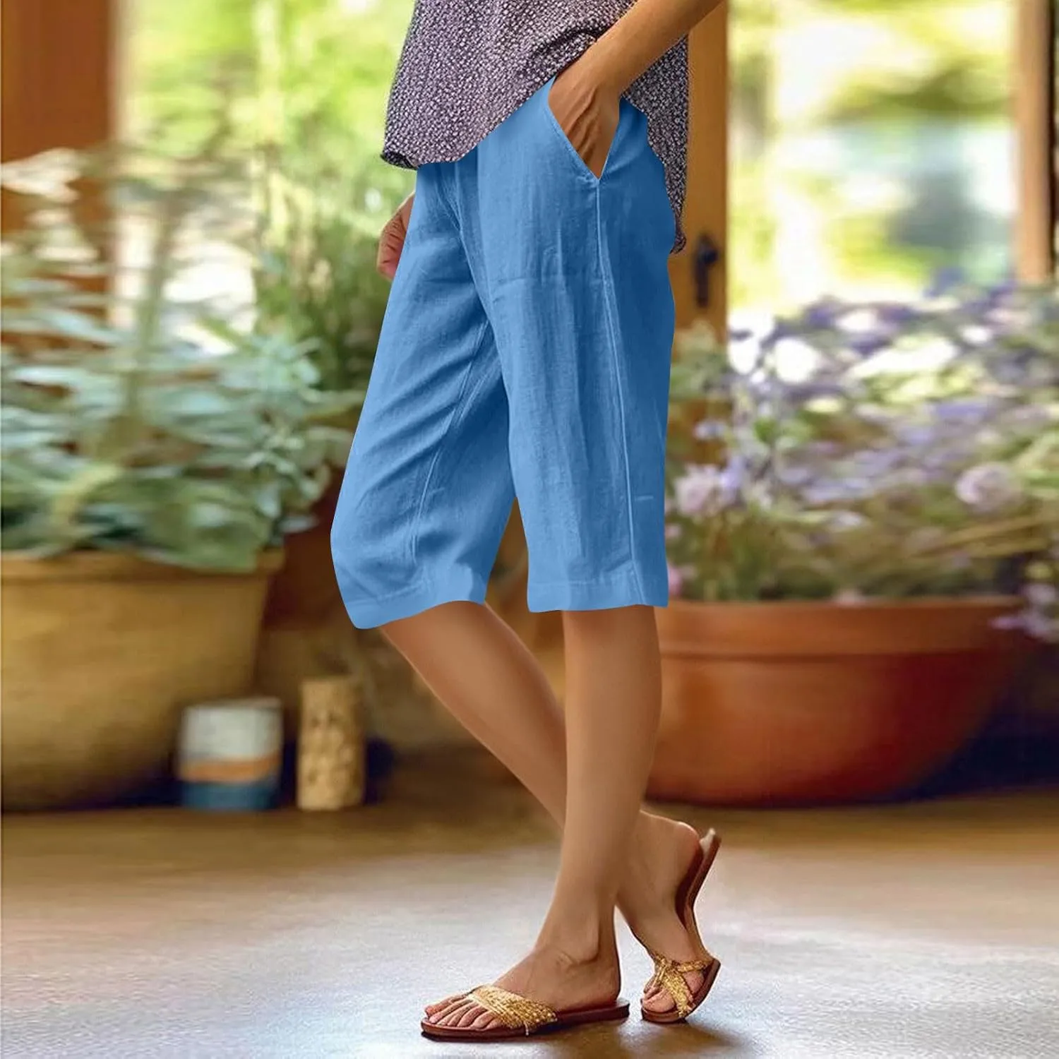 Bermuda Shorts for Women Knee Length Cotton Linen Capris Lightweight Summer Straight Leg Cropped Pants with Pockets