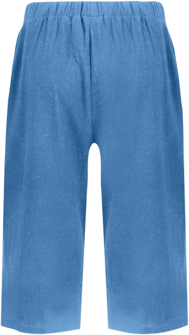 Bermuda Shorts for Women Knee Length Cotton Linen Capris Lightweight Summer Straight Leg Cropped Pants with Pockets
