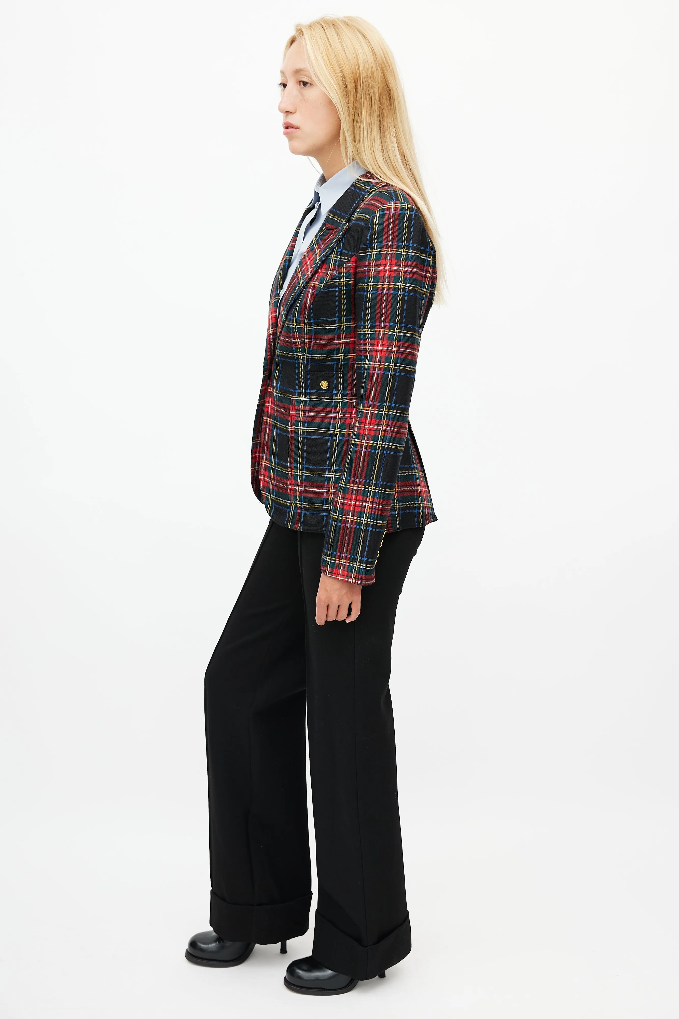 Black & Multicolour Plaid Wool Blazer