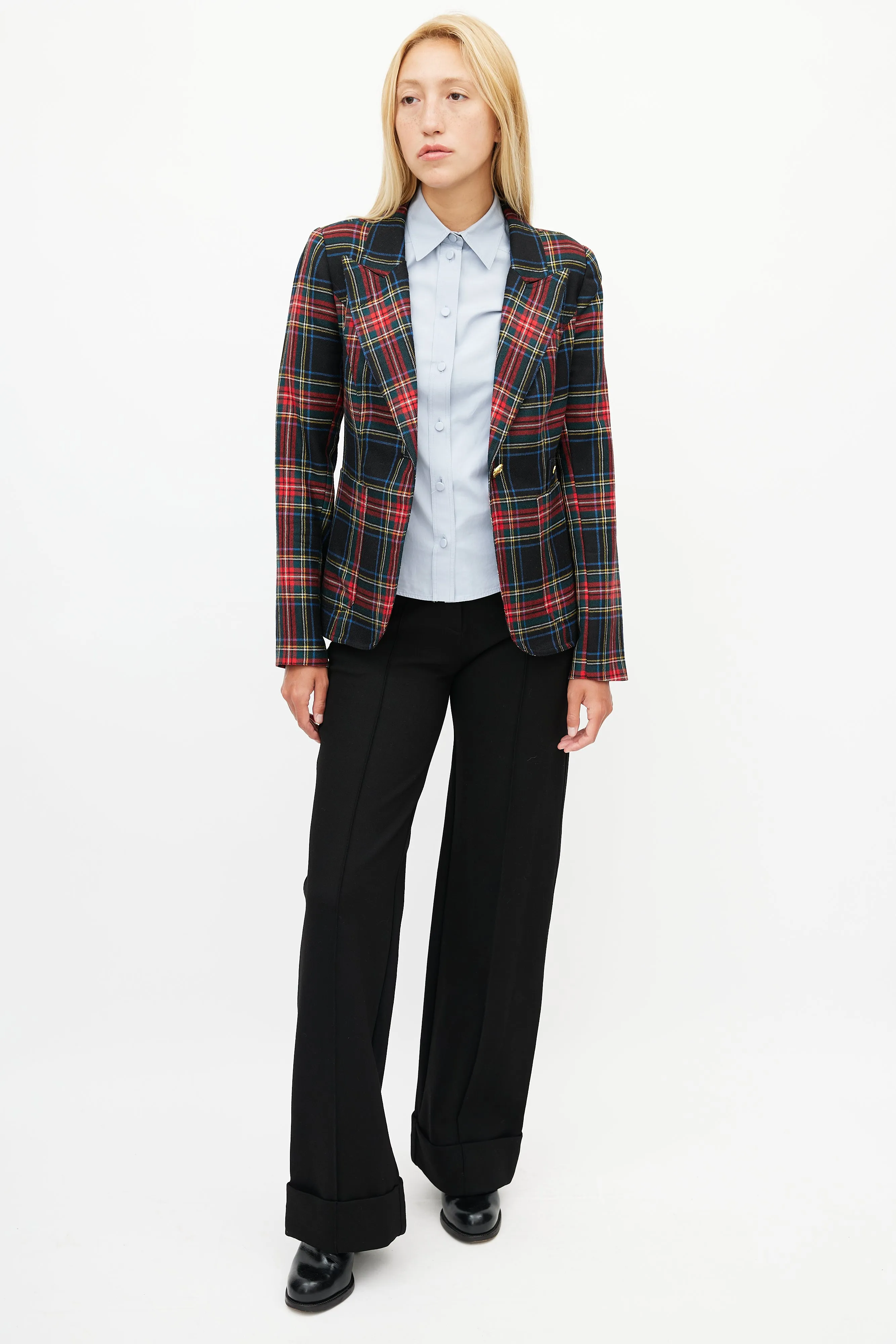Black & Multicolour Plaid Wool Blazer