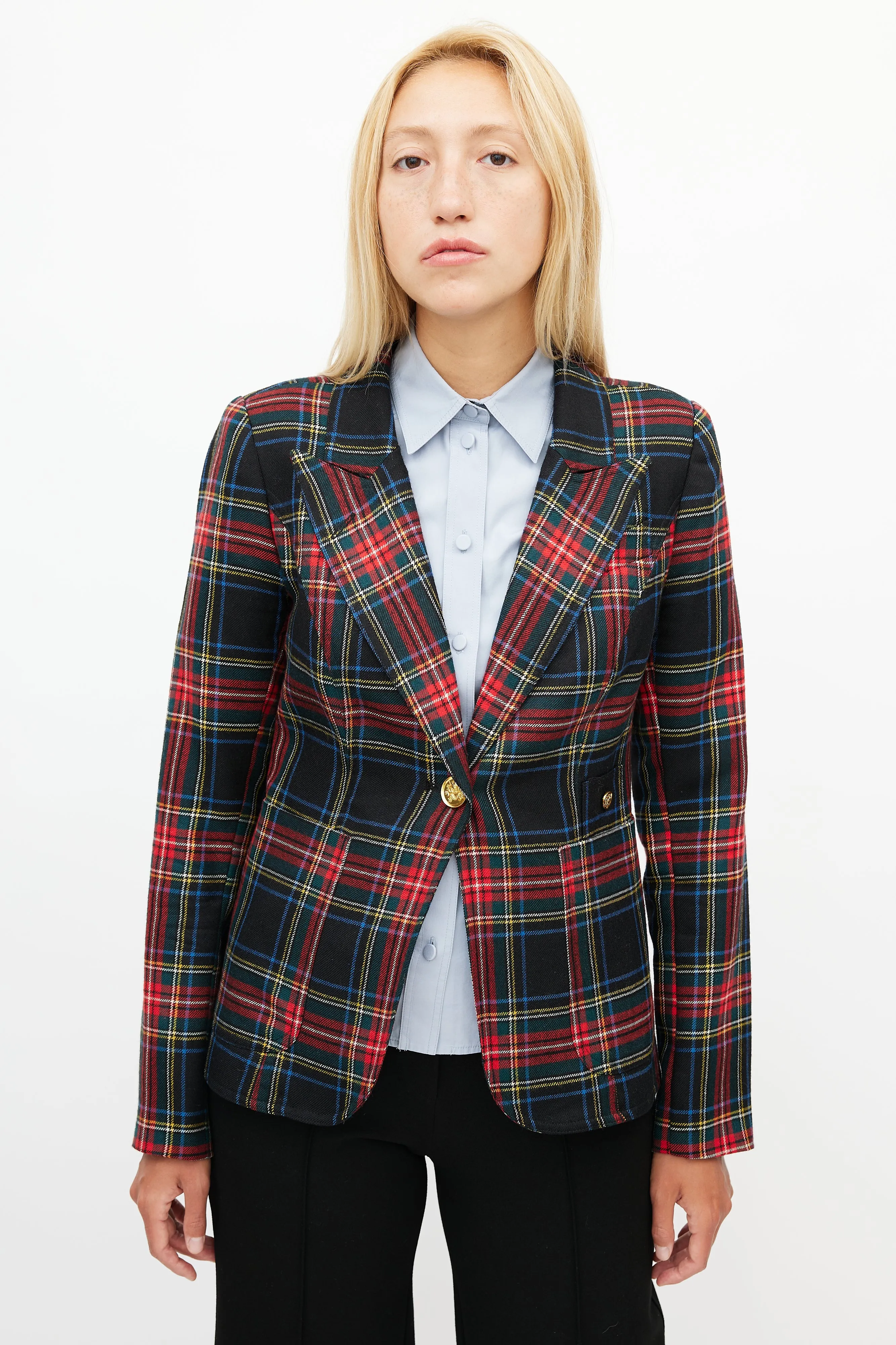 Black & Multicolour Plaid Wool Blazer