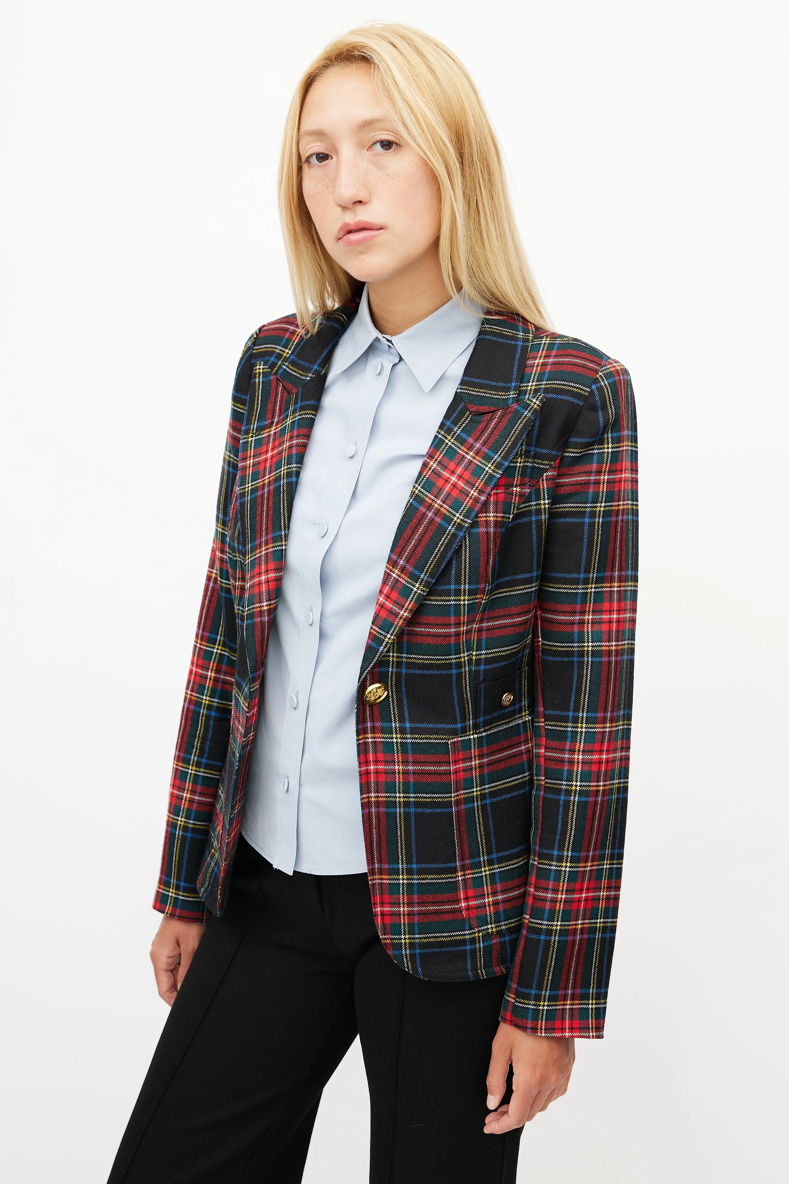 Black & Multicolour Plaid Wool Blazer