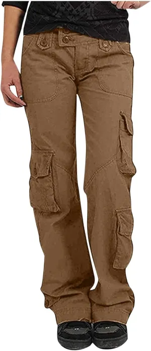 Black Fashion Friday Deals 2023 Cargo Pants Womens Jogger Straight Pants High Waist Cargo Pant Hippie Punk Trouser Solid Color Y2K Overalls with Pocket A-Brown