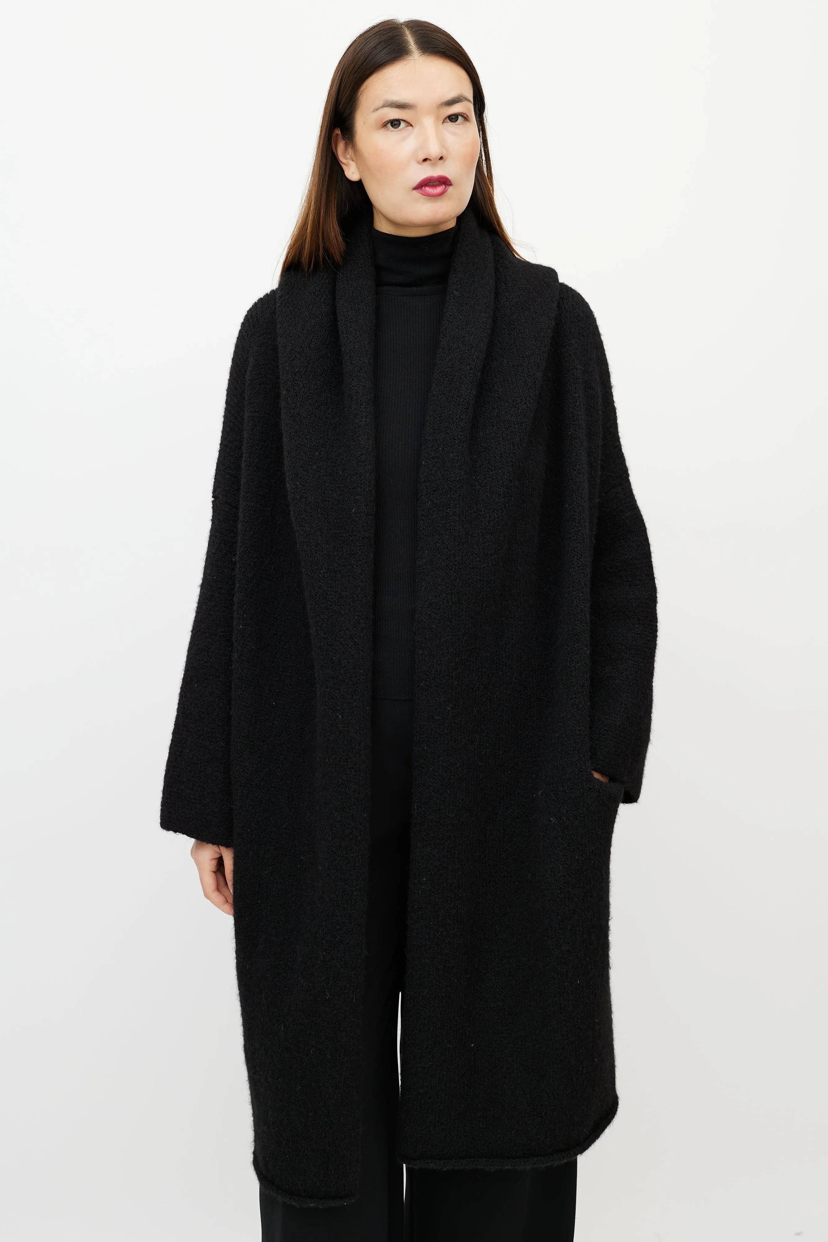 Black Wool Capote Open Cardigan