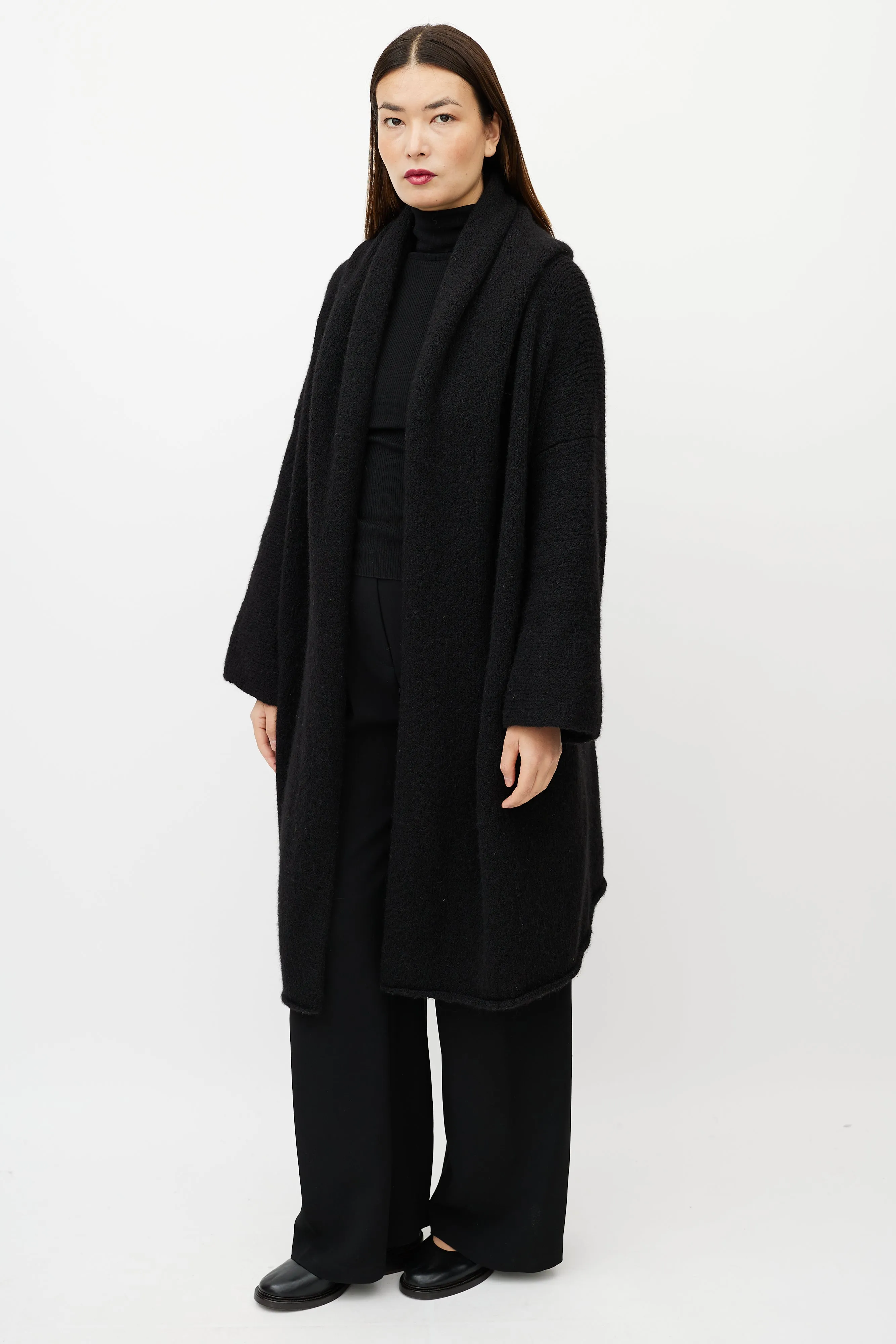 Black Wool Capote Open Cardigan