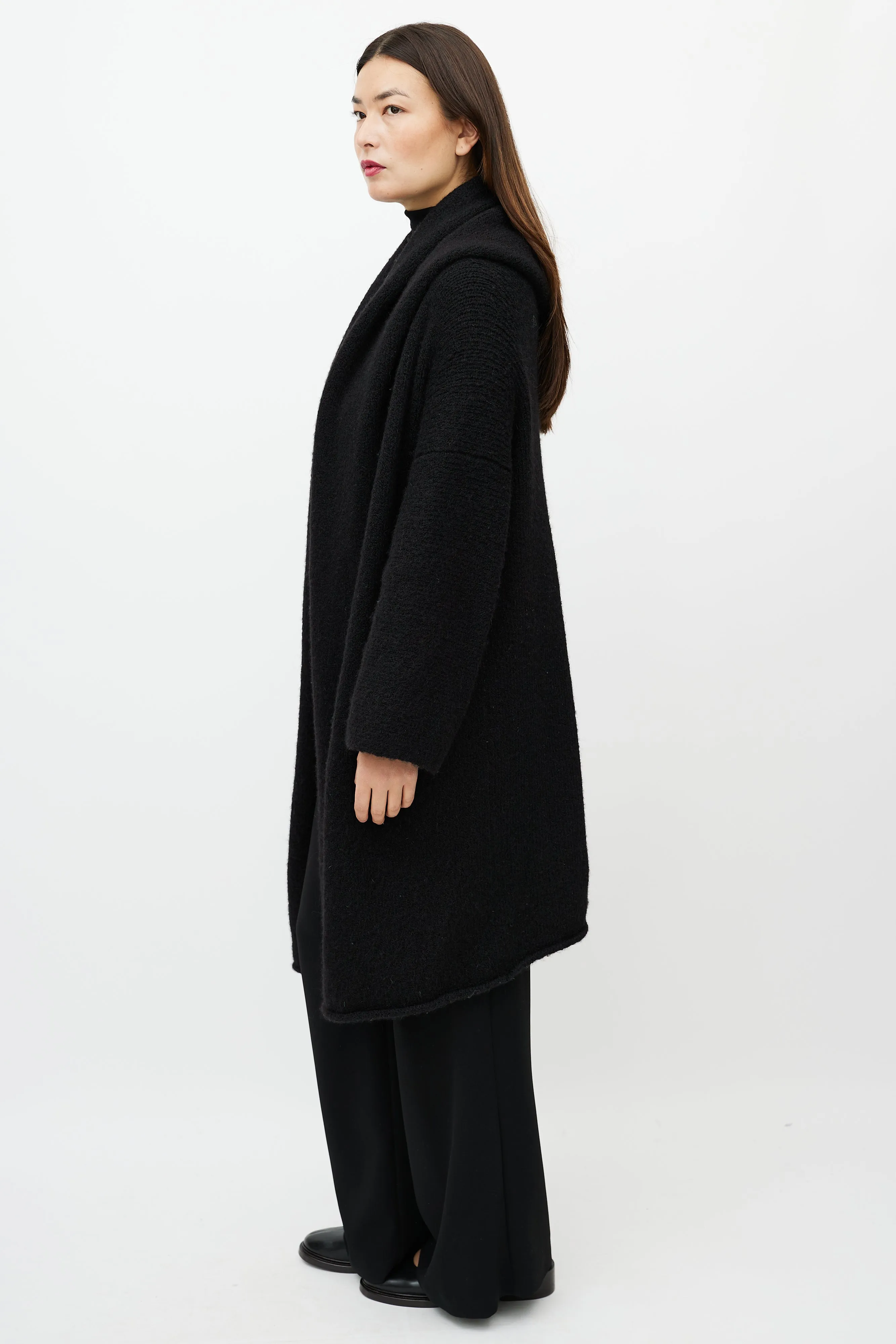 Black Wool Capote Open Cardigan