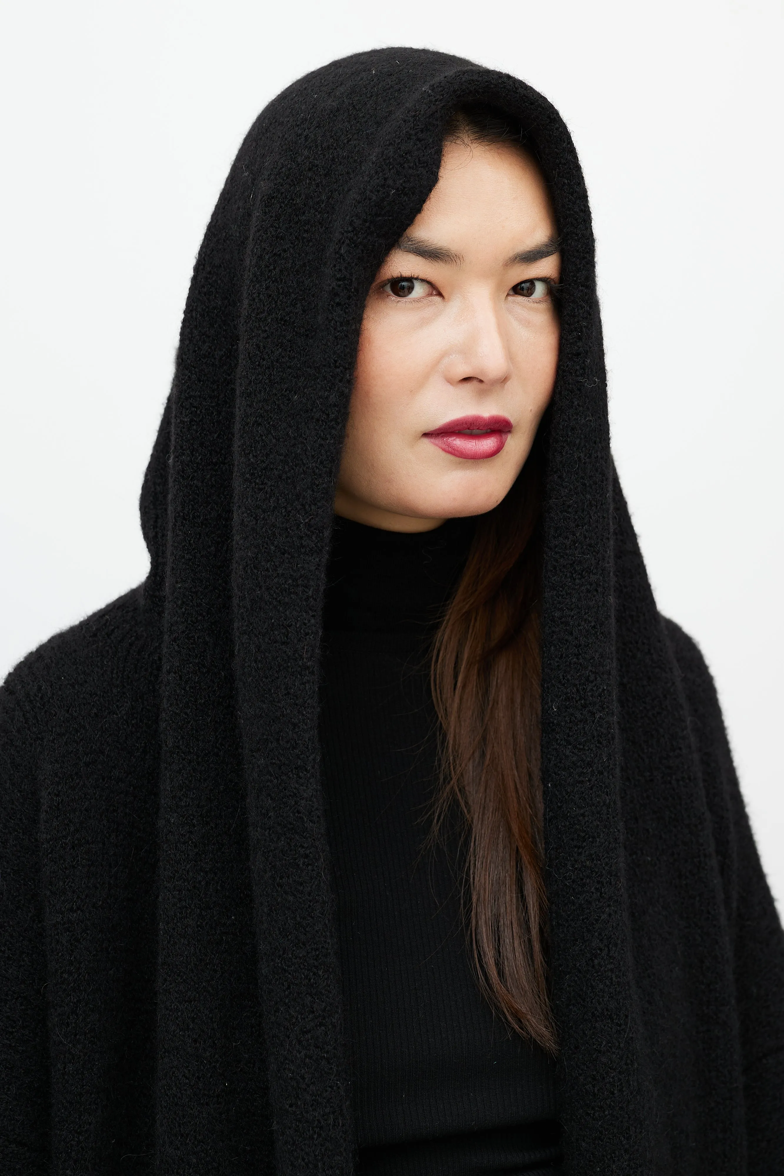 Black Wool Capote Open Cardigan