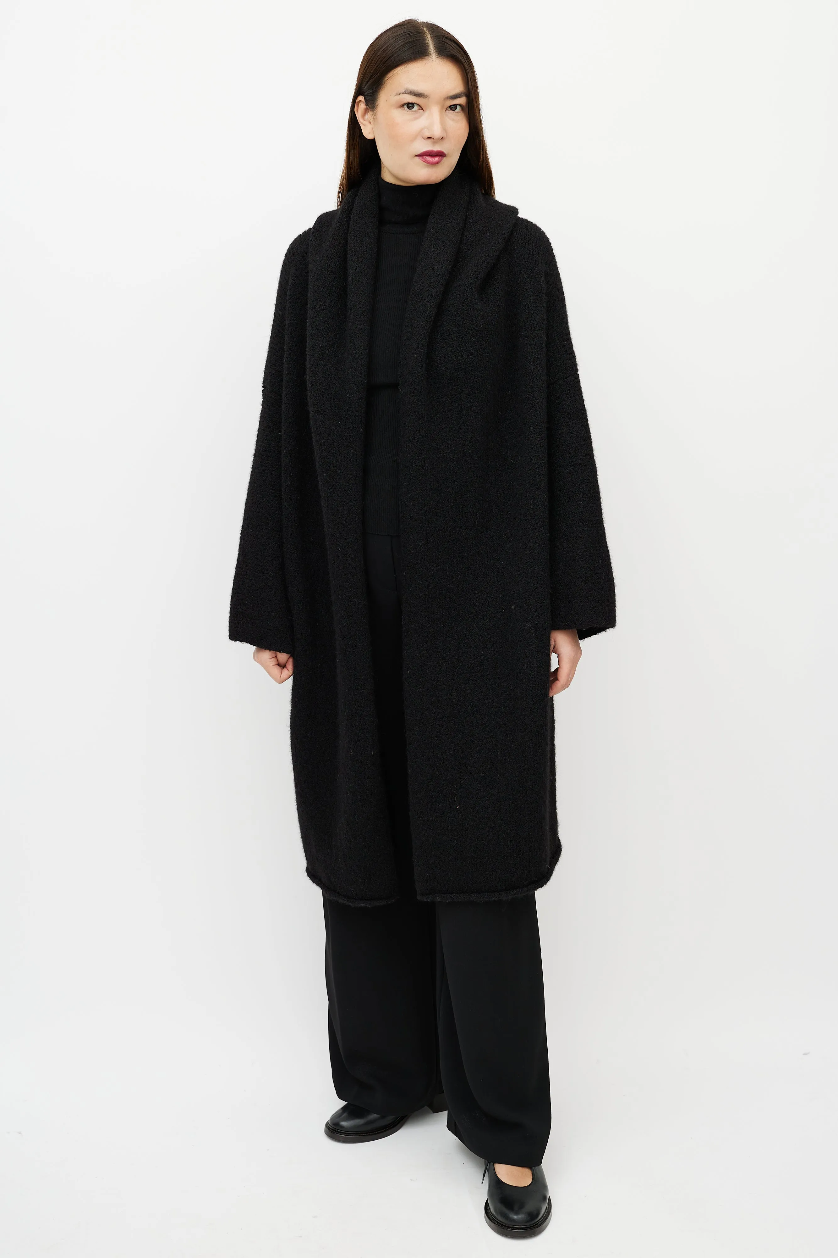 Black Wool Capote Open Cardigan